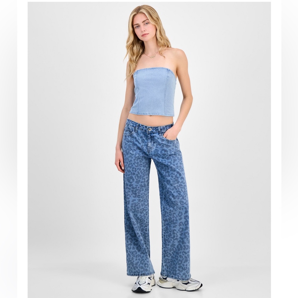 Wide Leg Blue Leopard Print Women's Low Rise Jeans